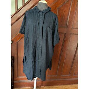 Ellos Plus 1X Black Shirt Dress Button-Up Linen  Short Sleeve Back Pleat Detail